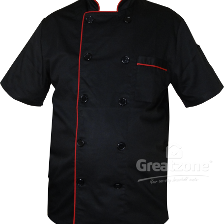 KTL SHORT SLEEVES CHEF’S JACKET – BLACK + RED TRIMMING