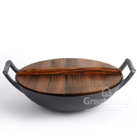 CAST IRON WOK WITH WOODEN COVER