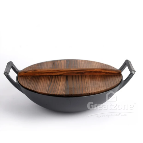 CAST IRON WOK WITH WOODEN COVER
